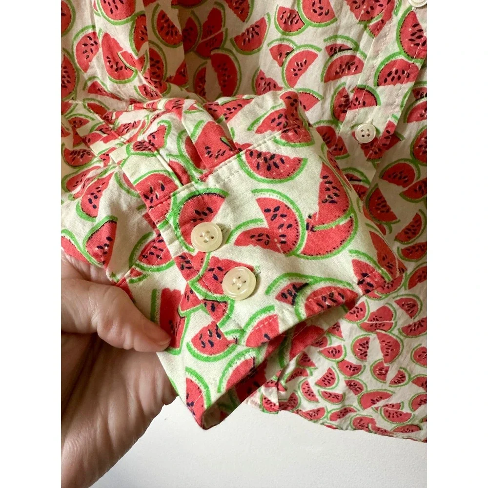J.Crew Perfect Fit Watermelon Print Cotton Button Down Shirt White Red L 23871